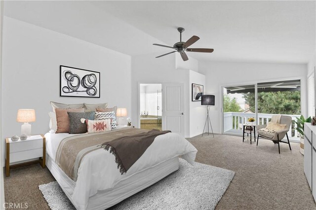 carpeted bedroom with lofted ceiling, a ceiling fan, access to outside, and connected bathroom