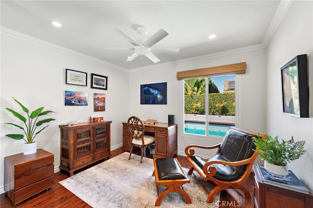 22665 Ancona, Laguna Hills, CA 92653 - office with baseboards, a ceiling fan, wood finished floors, and ornamental molding