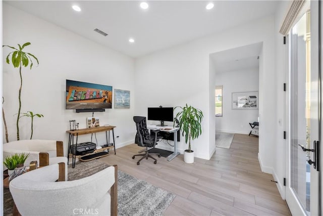 116 Via Bilbao, San Clemente, CA 92672 - office area with light wood finished floors, recessed lighting, baseboards, and french doors