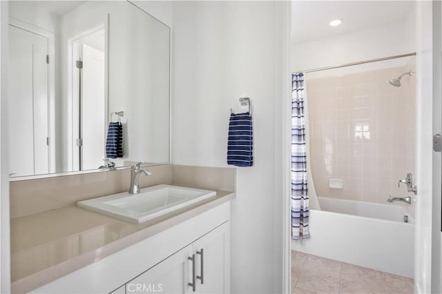 bathroom featuring vanity, recessed lighting, tile patterned flooring, and shower / bath combination with curtain