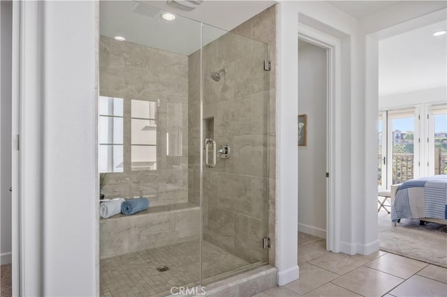 full bath with tile patterned flooring, recessed lighting, baseboards, ensuite bathroom, and a stall shower