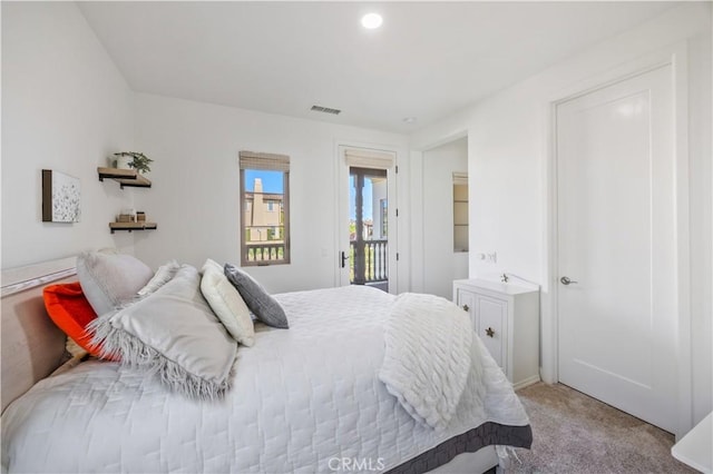 bedroom featuring access to outside, carpet flooring, recessed lighting, and visible vents