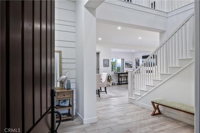 116 Via Bilbao, San Clemente, CA 92672 - entrance foyer featuring baseboards, light wood-type flooring, recessed lighting, and stairs
