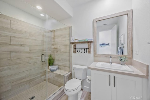 bathroom featuring vanity, toilet, and a shower stall