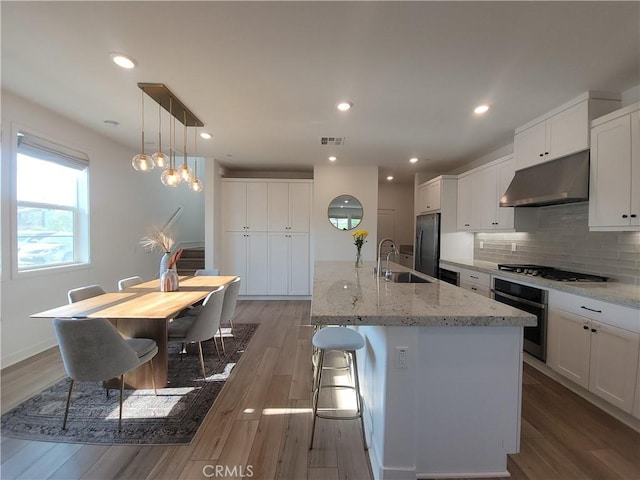 27078 Painted Sky Way, Valencia, CA 91381 - kitchen featuring appliances with stainless steel finishes, under cabinet range hood, a sink, an island with sink, and backsplash