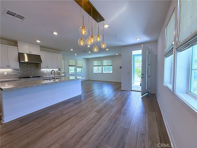 27078 Painted Sky Way, Valencia, CA 91381 - kitchen with under cabinet range hood, dark wood-style flooring, tasteful backsplash, baseboards, and recessed lighting