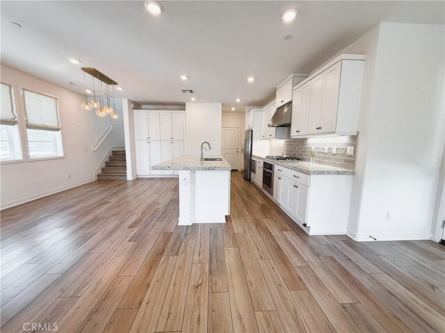 27078 Painted Sky Way, Valencia, CA 91381 - kitchen with appliances with stainless steel finishes, under cabinet range hood, light wood-style flooring, backsplash, and a sink