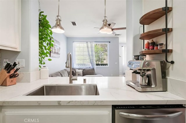 6008 Paseo Salinero, Carlsbad, CA 92009 - kitchen featuring visible vents, a ceiling fan, stainless steel dishwasher, a sink, and open floor plan
