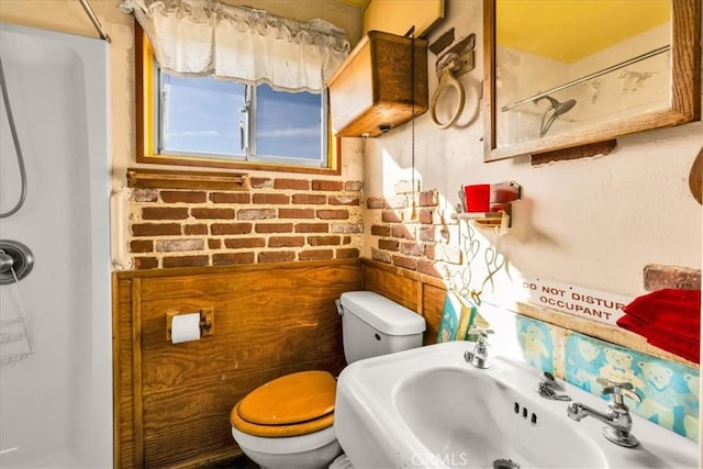 bathroom featuring toilet, walk in shower, and a sink
