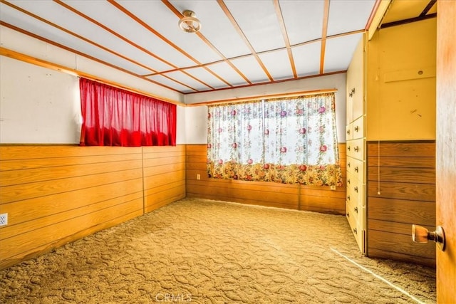 carpeted spare room with wooden walls