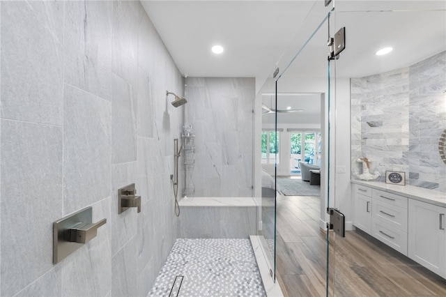 38101 Stone Meadow Dr, Murrieta, CA 92562 - full bath with a shower stall, wood finished floors, ensuite bathroom, and recessed lighting
