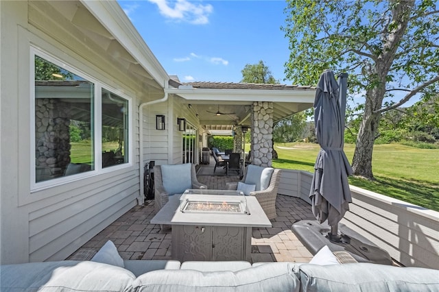 38101 Stone Meadow Dr, Murrieta, CA 92562 - view of patio / terrace featuring a ceiling fan and an outdoor living space with a fire pit