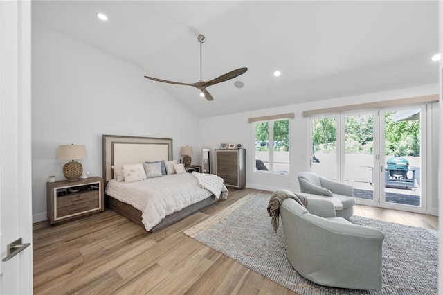 38101 Stone Meadow Dr, Murrieta, CA 92562 - bedroom with vaulted ceiling, light wood-style floors, baseboards, access to outside, and recessed lighting