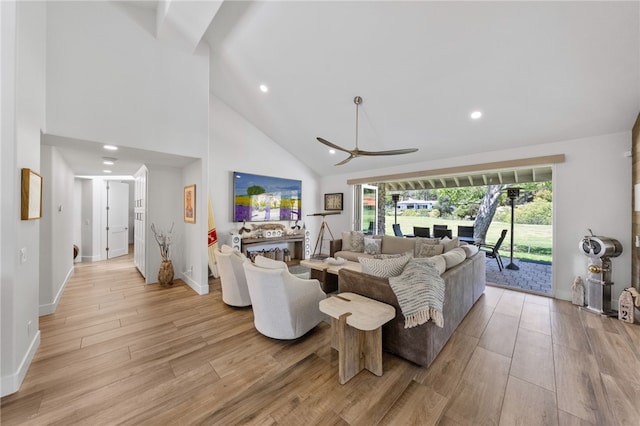 38101 Stone Meadow Dr, Murrieta, CA 92562 - living room with recessed lighting, high vaulted ceiling, light wood-style floors, and ceiling fan