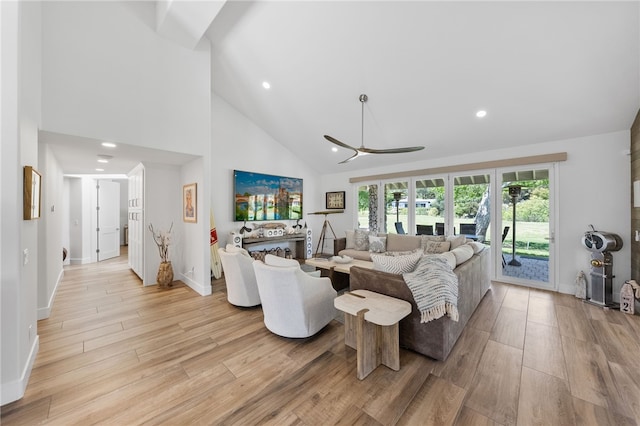 38101 Stone Meadow Dr, Murrieta, CA 92562 - living area with light wood-type flooring, baseboards, recessed lighting, a ceiling fan, and high vaulted ceiling