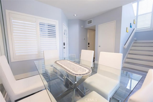 2196 Evergreen Dr, Tustin, CA 92782 - dining room featuring stairs, recessed lighting, and wood finished floors