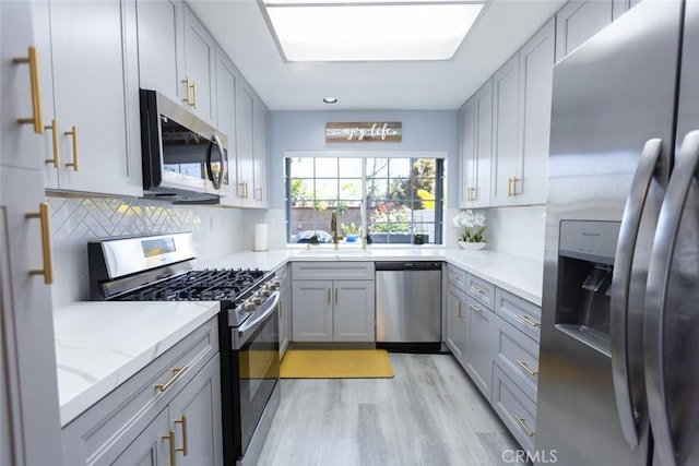 2196 Evergreen Dr, Tustin, CA 92782 - kitchen with appliances with stainless steel finishes, gray cabinets, a sink, light wood-style flooring, and backsplash