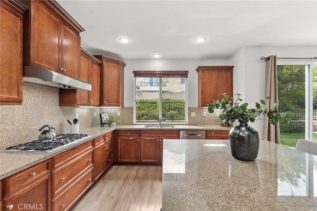 kitchen featuring light stone counters, a sink, light wood-style floors, stainless steel appliances, and under cabinet range hood