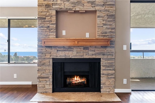 detailed view of wood finished floors, baseboards, and a fireplace