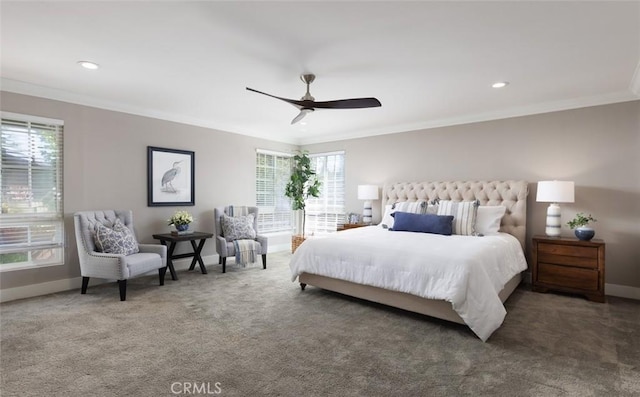 bedroom featuring baseboards, recessed lighting, ornamental molding, and carpet