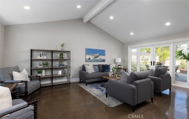 living area with concrete flooring, vaulted ceiling with beams, and recessed lighting