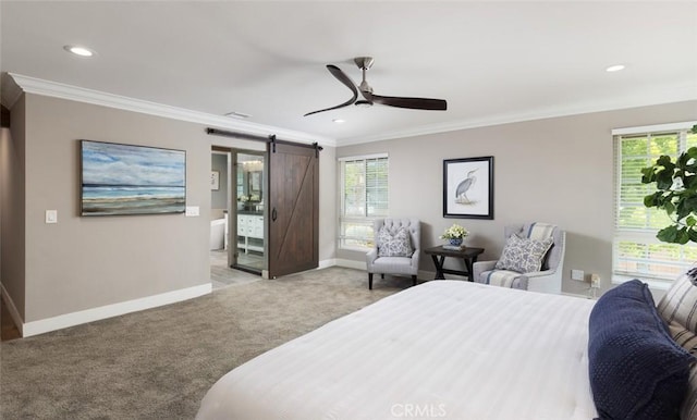 bedroom with light colored carpet, a barn door, baseboards, recessed lighting, and ornamental molding