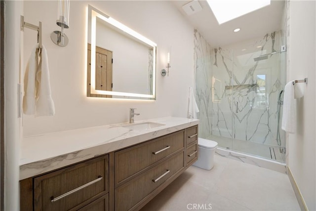 full bath featuring recessed lighting, toilet, vanity, a marble finish shower, and a skylight
