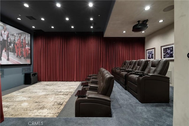 cinema with recessed lighting, visible vents, and carpet