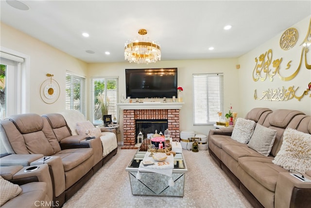 living area featuring a chandelier, recessed lighting, and plenty of natural light