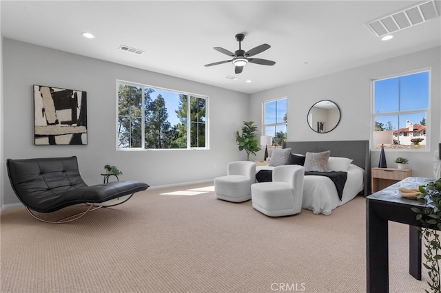 bedroom featuring visible vents, carpet floors, and recessed lighting