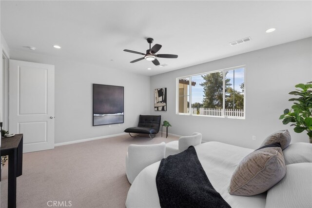 bedroom with recessed lighting, carpet floors, visible vents, and baseboards