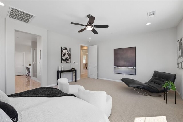 carpeted bedroom featuring baseboards, visible vents, and recessed lighting