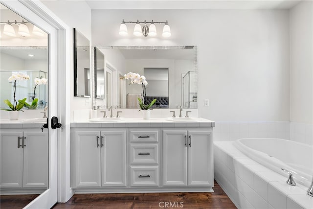 bathroom featuring double vanity, a bath, a stall shower, and a sink