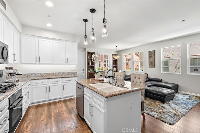 kitchen featuring dark wood finished floors, a wealth of natural light, appliances with stainless steel finishes, and a sink