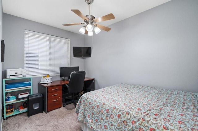 bedroom with light colored carpet and ceiling fan