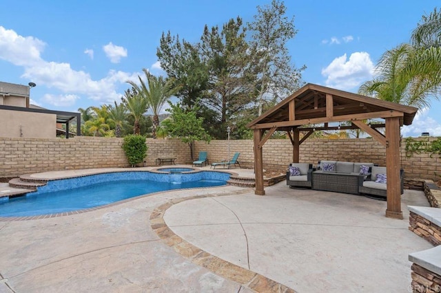 view of swimming pool featuring a patio, a gazebo, outdoor lounge area, a fenced backyard, and a pool with connected hot tub