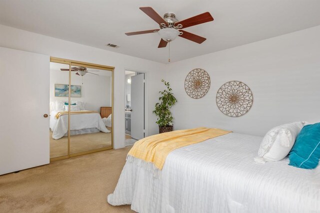1038 Eider Way, Oceanside, CA 92057 - bedroom featuring light carpet, a closet, a ceiling fan, and connected bathroom