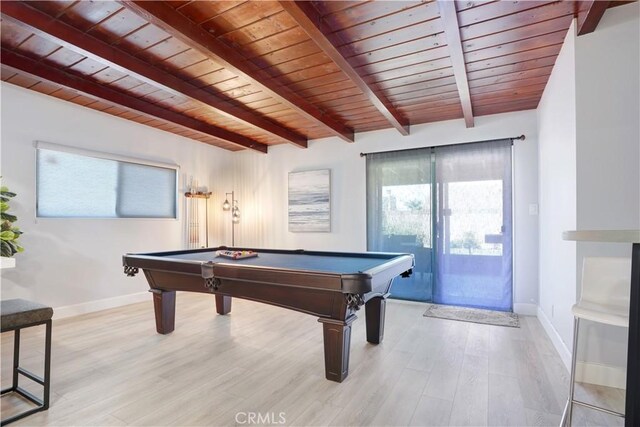 rec room with beamed ceiling, wood ceiling, and billiards