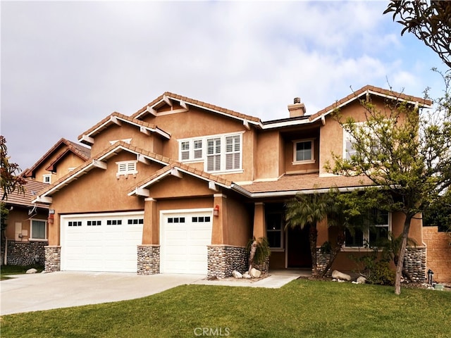 5743 Kendall Ct, Rancho Cucamonga, CA 91739 - craftsman house featuring a chimney, driveway, stone siding, a front yard, and stucco siding