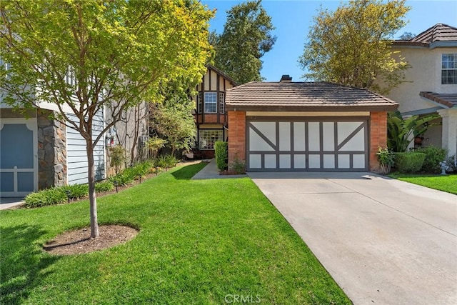 19852 Pandy Ct, Canyon Country, CA 91351 - view of front of home featuring driveway, a chimney, brick siding, an attached garage, and a front yard