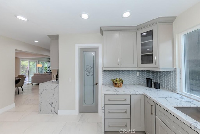4738 E Fairfield St, Anaheim Hills, CA 92807 - kitchen featuring gray cabinets, light marble finish floors, baseboards, light stone counters, and recessed lighting