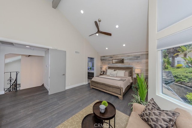 4738 E Fairfield St, Anaheim Hills, CA 92807 - bedroom with high vaulted ceiling, wood finished floors, baseboards, wood walls, and recessed lighting