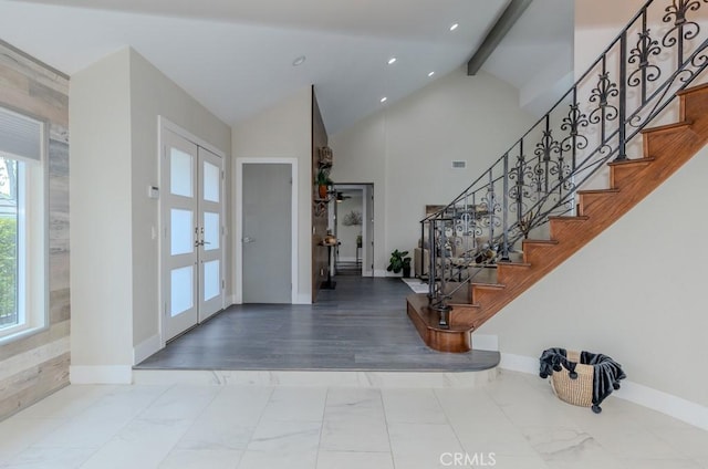 4738 E Fairfield St, Anaheim Hills, CA 92807 - foyer featuring french doors, beam ceiling, stairs, baseboards, and high vaulted ceiling