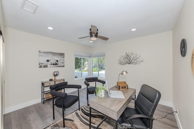 4738 E Fairfield St, Anaheim Hills, CA 92807 - home office featuring wood finished floors, a ceiling fan, baseboards, and recessed lighting