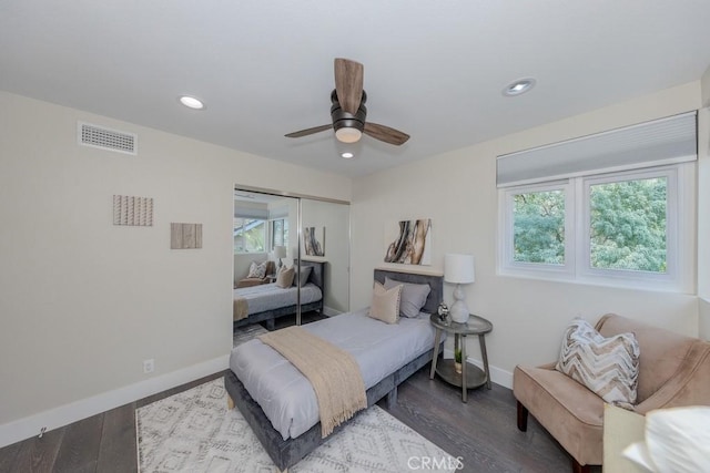 4738 E Fairfield St, Anaheim Hills, CA 92807 - bedroom featuring multiple windows, baseboards, a closet, wood finished floors, and recessed lighting