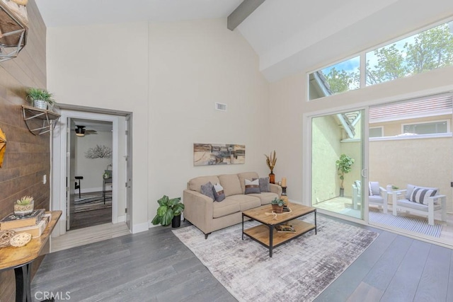 4738 E Fairfield St, Anaheim Hills, CA 92807 - living room with wood finished floors, beam ceiling, high vaulted ceiling, and baseboards