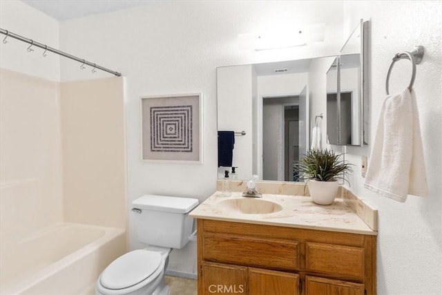 full bath with toilet, shower / bathtub combination, and vanity