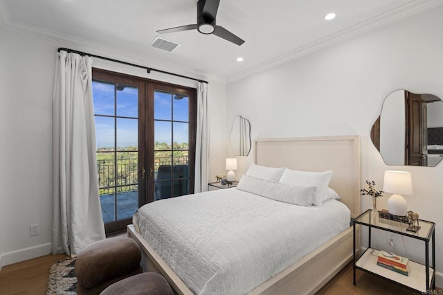 5955 Lake Vista Dr, Bonsall, CA 92003 - bedroom featuring crown molding, access to exterior, french doors, baseboards, and visible vents