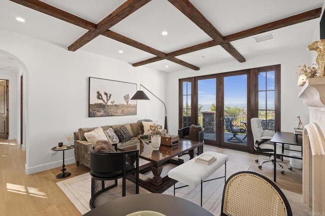 5955 Lake Vista Dr, Bonsall, CA 92003 - living room with french doors, arched walkways, beam ceiling, baseboards, and coffered ceiling