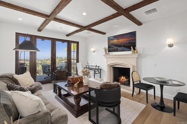 5955 Lake Vista Dr, Bonsall, CA 92003 - living area with beam ceiling, visible vents, recessed lighting, a lit fireplace, and coffered ceiling